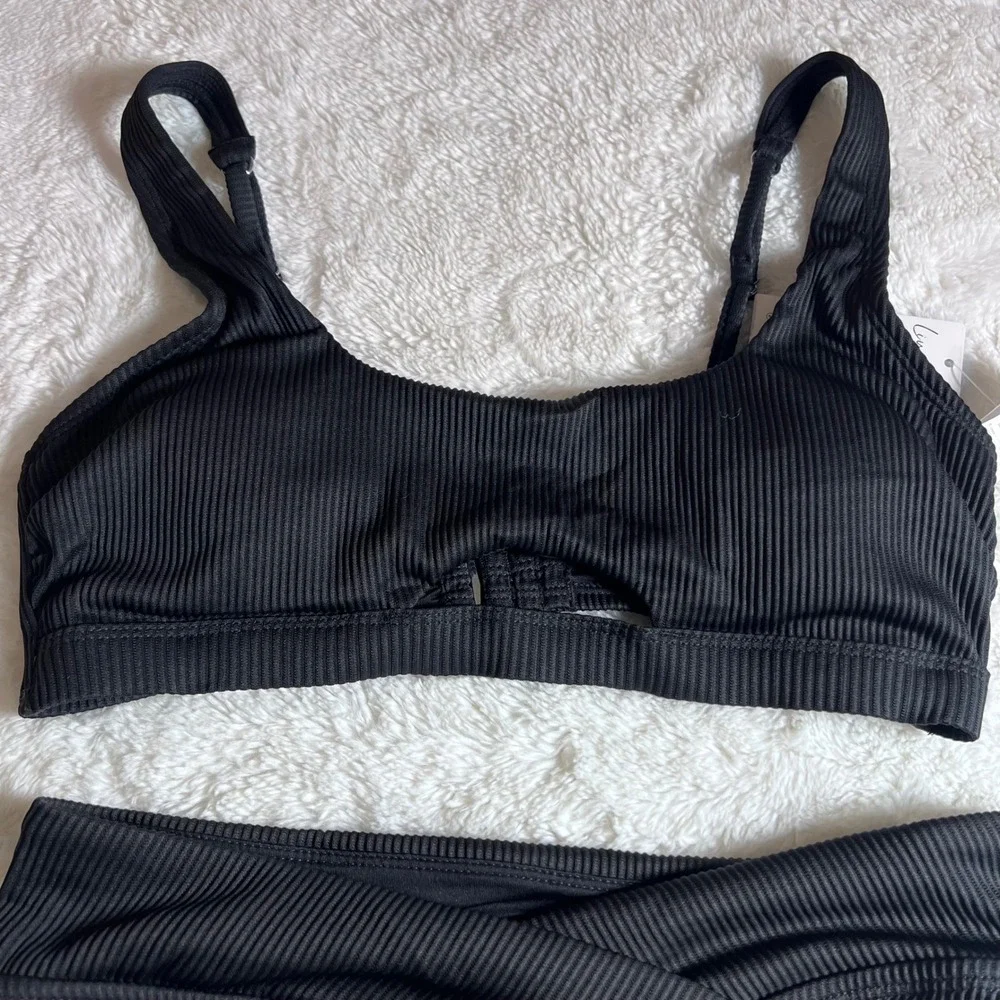 Cupshe Black Ribbed High Waisted Bikini Set Keyhole Top Crossover‎ Bottom Medium